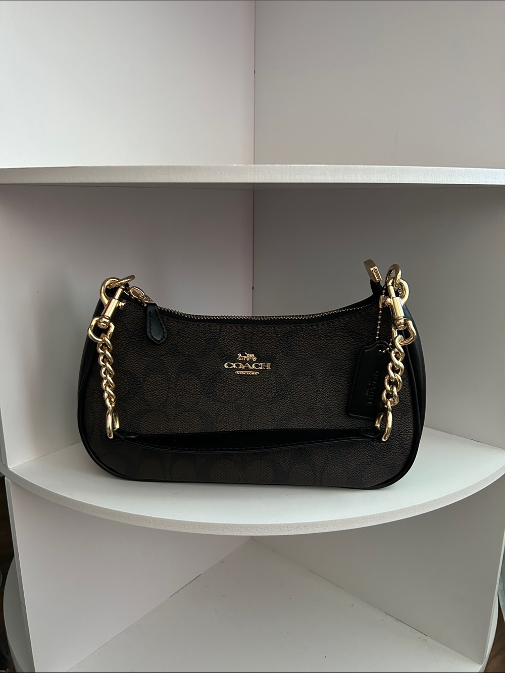 Coach Brown Signature Canvas Shoulder Bag with Gold Chain